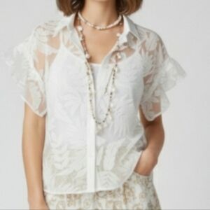 A NEW DAY Sheer White Boho Button Front Top With A Bold Tropical Pattern NWT